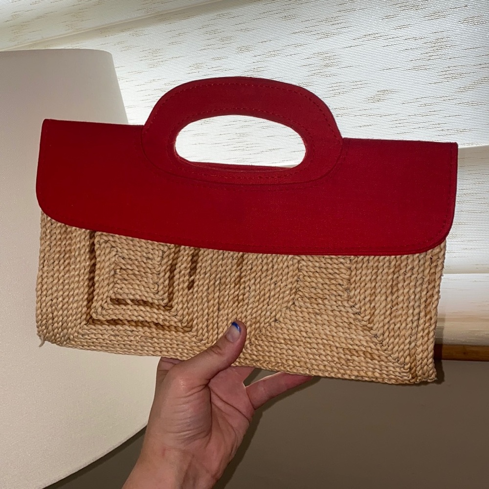 Vintage straw and fabric clutch bag